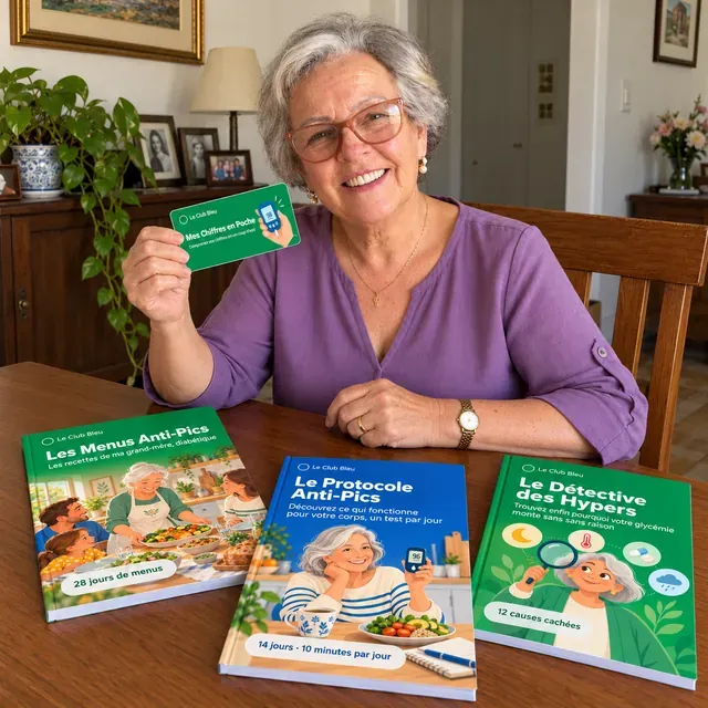 Grand-mère souriante tenant le carnet Mes Chiffres en Poche, avec les livrets Les Menus Anti-Pics, Le Protocole Anti-Pics et Le Détective des Hypers posés sur la table