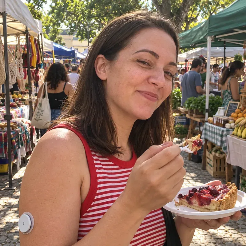 Femme souriante savourant une part de tarte en marché en plein air, capteur de glycémie visible au bras