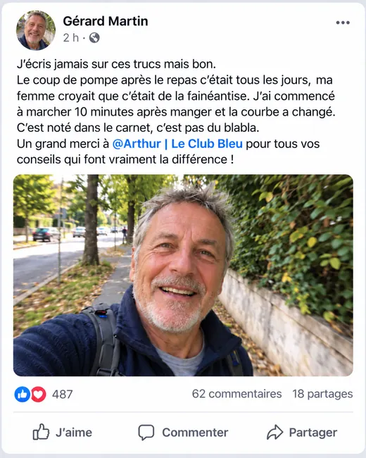 Publication de Gérard Martin : « Le coup de pompe après le repas c'était tous les jours. J'ai commencé à marcher 10 minutes après manger et la courbe a changé. Un grand merci à Arthur | Le Club Bleu ! »