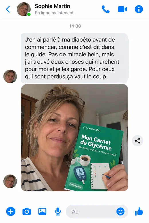 Message d'Isabelle Dupont : « J'en ai parlé à ma diabéto avant de commencer, comme c'est dit dans le guide. Pas de miracle hein, mais j'ai trouvé deux choses qui marchent pour moi et je les garde. »